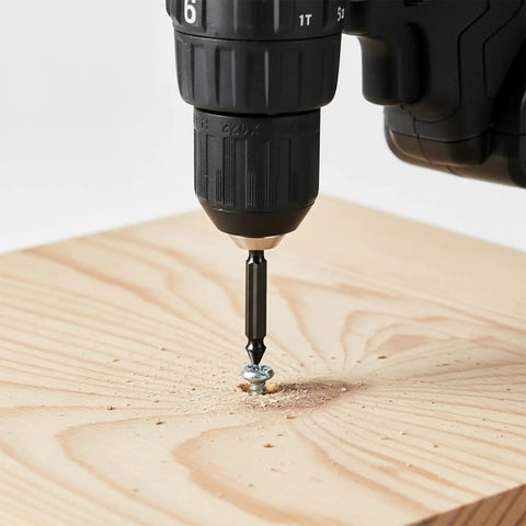 Close-up of drill using Six Piece Damaged Screw Extractor Set For Easy Out Bolts, Stripped Screw Remover Tool, And Stud Removal on wood