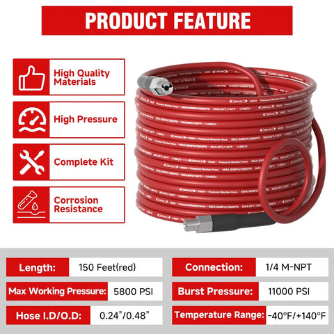 Pro-Grade Sewer Jetter Kit For Pressure Washers, 150 Ft Reach, 5800 PSI Power, coiled red hose with M-NPT connector