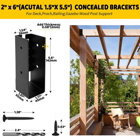 Concealed Flange Joist Hanger Brackets For 1.5 By 5.5 Inch Wood Beams U Shaped Steel Connector For Fences Porches Decks And Handrails Heavy Duty Rust Resistant Black Powder Coated 4 Pack