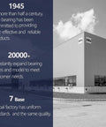 Xike factory building exterior view with text about company history and bearing products, established in 1945.