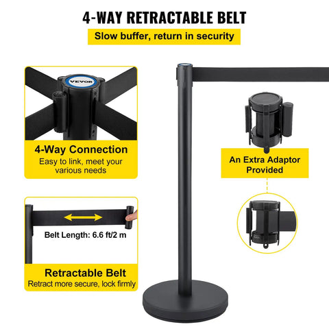 Boss Grade Crowd Control Stanchion Set With Six Point Six Feet Black Retractable Belt featuring a 4-way connection and adapter