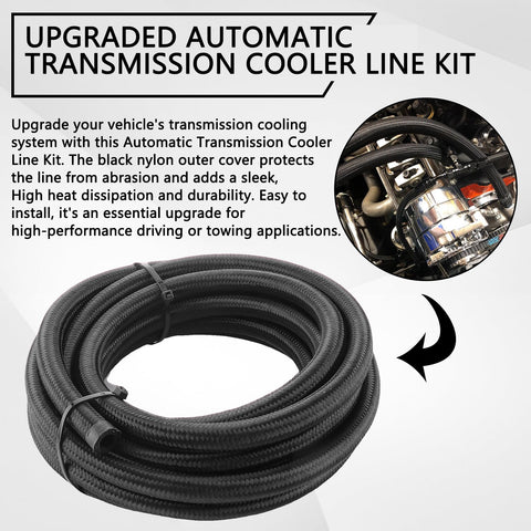 6AN Automatic Transmission Cooler Kit For 4L60E And 4L65E With Nylon Braided Fuel Line Hose and Separator Clamp 15 Ft Black