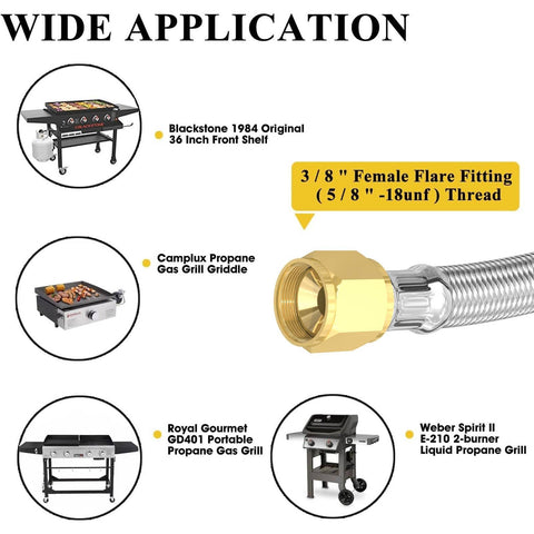 3/8 inch female flare fitting on 12Ft Propane Quick Connect Hose For RV To Grill, Stainless Steel Braided With Elbow Adapter, One Quarter Inch Female Quick Disconnect, Dual-Use Gas Line For Blackstone 17 Inch And 22 Inch Griddles