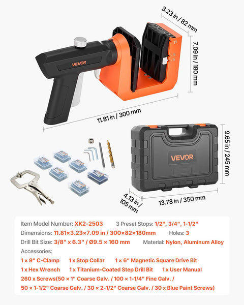 Pocket Hole Jig Kit for Woodworking With Adjustable Half Inch Three Quarters Inch One And A Half Inch Settings 360 Degree Rotating Handle Includes 260 Screws C Clamp Stop Collar Drill Bit Easy Clamping Quick Setup with case and tools