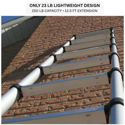 Extra Wide Step Telescoping Ladder With 16 Ft Reach And 12.5 Ft Height Aluminum Extension Ladder Type 1A 300 Lb Rated 3.375 Inch Wide Rungs One Touch Retraction And Pivoting Feet For Roofing Electrical And Inspection Jobs on brick wall