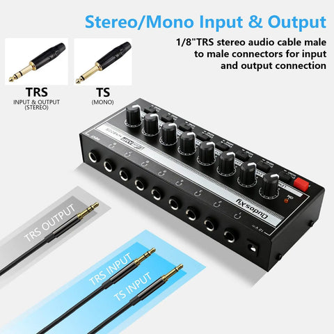 HA800S Eight Channel Stereo Line Mixer with TRS input output for sub mixing, volume control, studio recording and gigs shown.