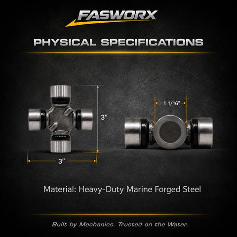 Heavy Duty Marine U Joint Spider Assembly With External Clip Design For Sterndrives Fits Alpha One Gen II Bravo DP DPX SP External Clip Style Replacement, forged steel, 3" x 3"