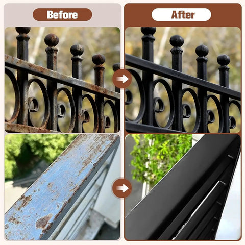 Before and after using 2-In-1 Rust Converter And Primer For Automotive, Marine, Trailers, Tools, And Fences, showing restored metal surfaces