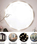Round mirror surrounded by Vanity Light Strip Kit With 14 Dimmable Bulbs For Full Body Makeup Mirrors, various home settings shown