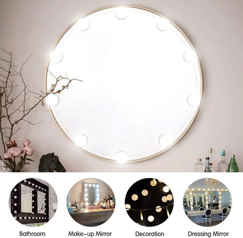 Round mirror surrounded by Vanity Light Strip Kit With 14 Dimmable Bulbs For Full Body Makeup Mirrors, various home settings shown