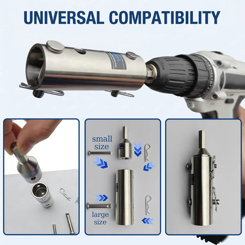 Rock Solid Two In One Trailer Jack Drill Adapter For One And Half Inch Drive Shafts Rust Resistant Stainless Steel Construction shown with cordless drill.