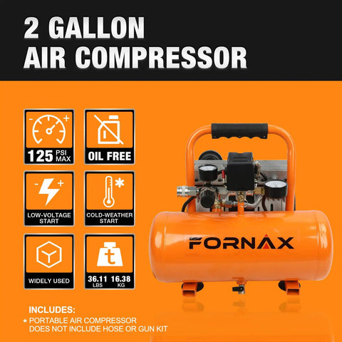 Fornax 2 Gallon Oil Free Portable Air Compressor With Ultra Quiet Design For Tire Inflation Auto Repair And Spray Painting At Up To 125 Psi Max Pressure And Fast Recovery Times For Effortless Project Completion
