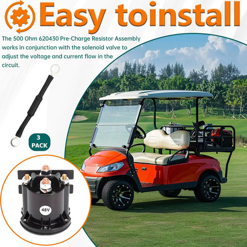 Top Shelf 3 Pack 500 Ohm Pre Charge Resistor Assembly For Ezgo 48V Golf Carts shown with solenoid behind a golf cart.