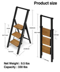 Three Step Folding Ladder With Anti Slip Wide Pedals And Handgrip, Aluminum Lightweight Steel Frame, 330 Lb Capacity For Home And Office, Black Woodgrain Finish product size view