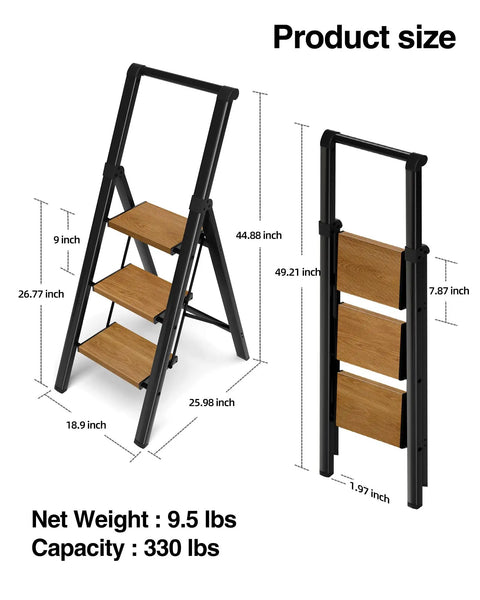 Three Step Folding Ladder With Anti Slip Wide Pedals And Handgrip, Aluminum Lightweight Steel Frame, 330 Lb Capacity For Home And Office, Black Woodgrain Finish product size view