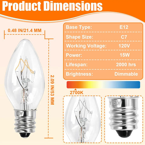 Long Lasting 15 Watt Salt Lamp Bulbs For Himalayan Salt Lamps 10 Pack E12 Base C7 Replacement Bulbs dimensions and specifications