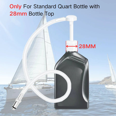 Lower Unit Gear Lube Pump For Boat Outboard Motors With Twenty Eight Millimeter Cap And Standard Quart Bottle Three Eighth Inch Swivel Adapter Fits Most American Made Outboards Gearcase Oil Transfer Tool, shown with labeled 28mm cap.