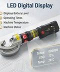 Pro Portable Electric Hydraulic Hose Crimper with two 18V batteries displaying LED digital readings of battery level and machine status.