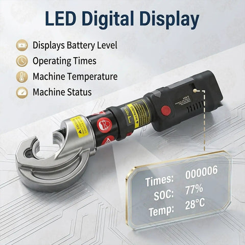 Heavy Duty 120K N Hybrid Hydraulic Hose Crimper With Dual 18 V Batteries And 12 Dies For 6 To 400 Mm Square Cables Auto Electrician Must Have Handheld Tool with LED digital display showing battery level and temperature.