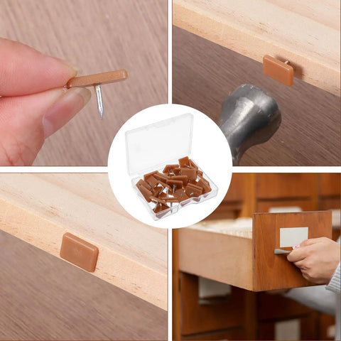 30 Piece Drawer Glide Set With Square Nail-On Plastic Drawer Slides 17x12 Mm, Transparent Storage Box Included, Dresser Repair Kit For Fixing Drawers And Restoring Smooth Sliding Motion On Furniture (Brown) showing brown nail-on slides on a drawer and in box