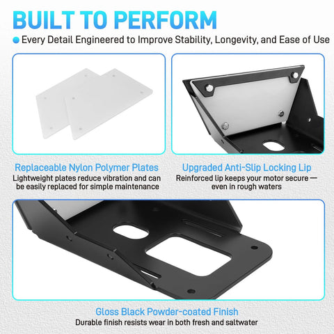 Beefed Up Transom Mount Kit For Trolling Motors Clamp On Mount with replaceable nylon plates and anti-slip lip, black finish.