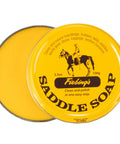 Image of a tin of Yellow Saddle Soap Leather Cleaner And Conditioner All In One For Boots Kicks Bags Saddles And More Soften Dry.