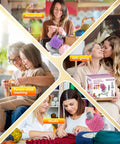 Collage showing Upgraded Electric Yarn Winder With German Motor And S Grade Precision Gears in various settings: household, gift-giving, parent-child teaching, studio. White gray winder in use, people knitting.