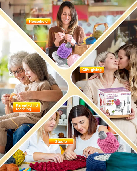 Collage showing Upgraded Electric Yarn Winder With German Motor And S Grade Precision Gears in various settings: household, gift-giving, parent-child teaching, studio. White gray winder in use, people knitting.