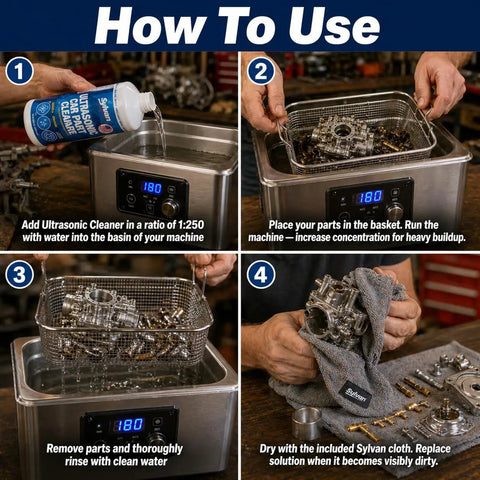 How to use Heavy Duty Ultrasonic Carburetor And Engine Parts Cleaner Concentrate 32 Oz Bottle step-by-step in ultrasonic bath.