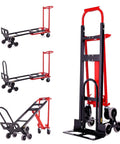 Rock Solid Heavy Duty Workhorse 1000 Pound Stair Climbing Dolly Four In One Convertible Hand Truck with solid wheels in various positions.