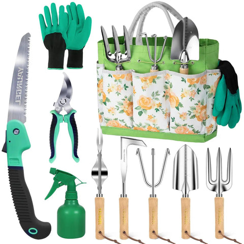 Top Notch 10 Piece Heavy Duty Garden Tool Set With Stainless Steel Tools And Wooden Handles Comes With Storage Bag