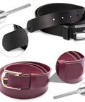 Arc Shaped Leather Edge Cutter Punch Set 7 Pieces Pro Grade Steel Heavy Duty Hand Punches For Crafting Straps Belts Wallets And Bags DIY Leatherwork Half Round Sizes From 10mm To 40mm shown with black and maroon belts