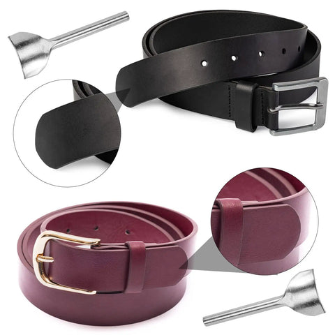Arc Shaped Leather Edge Cutter Punch Set 7 Pieces Pro Grade Steel Heavy Duty Hand Punches For Crafting Straps Belts Wallets And Bags DIY Leatherwork Half Round Sizes From 10mm To 40mm shown with black and maroon belts