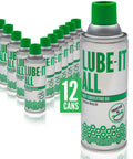 All Purpose Lubricant Spray For Industrial Automotive Marine And Home Use Deep Penetrating Oil With Water Displacement Delivers Long Lasting Protection Keeps Machinery Running Slick And Rust Free 11 Oz 12 Pack displayed in silver cans with green caps.