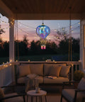 Hot Air Balloon Solar Lantern With LED Lights Hanging Outdoor Lamp Waterproof And Portable For Garden Patio And Pathway Made Of Metal And Glass In Green Large For Yard Vibes, glowing on a cozy porch at sunset.
