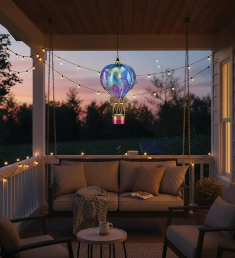 Hot Air Balloon Solar Lantern With LED Lights Hanging Outdoor Lamp Waterproof And Portable For Garden Patio And Pathway Made Of Metal And Glass In Green Large For Yard Vibes, glowing on a cozy porch at sunset.