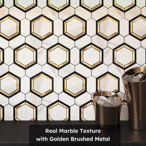 Peel And Stick Hexagon Backsplash Tiles In White And Gold With Marble Veins Self Adhesive PVC Mixed Metal Look No Grout No Mess