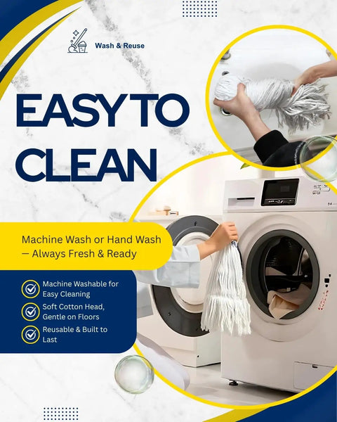 Built Tough 59 Inch Commercial String Mop System in a washing machine, showcasing machine washable cotton mop head.