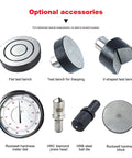 Rockwell Hardness Tester With Pointer Dial Display For Ferrous And Nonferrous Metals And Nonmetallic Materials Built For Shop Pros Manual HR150A Delivers Stable And Reliable Measurements On Heat Treated Quenched And Tempered Metals, with flat, V-shaped, and dial accessories