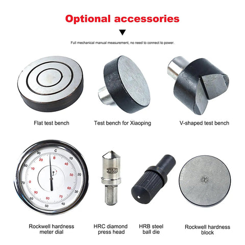 Rockwell Hardness Tester With Pointer Dial Display For Ferrous And Nonferrous Metals And Nonmetallic Materials Built For Shop Pros Manual HR150A Delivers Stable And Reliable Measurements On Heat Treated Quenched And Tempered Metals, with flat, V-shaped, and dial accessories