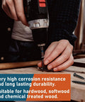 Person using No 10 1-1/2 Inch Collated Drywall Tapping Screws, 335-Piece Heavy-Duty Laminated Phosphate Coated for wood.