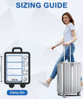 Sizing guide with a woman using a suitcase and diagram illustrating dimensions for Hangable Travel Luggage Organizer For Carry On Collapsible Hanging Packing Cubes With Four Compartments Portable Closet Shelf To Keep Gear Neat On The Go Space Saving Packing System For Weeklong Trips.