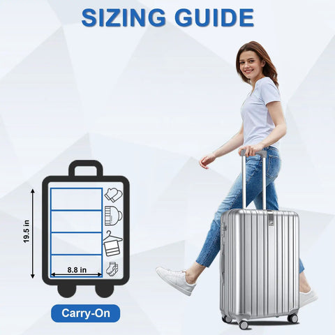 Sizing guide with a woman using a suitcase and diagram illustrating dimensions for Hangable Travel Luggage Organizer For Carry On Collapsible Hanging Packing Cubes With Four Compartments Portable Closet Shelf To Keep Gear Neat On The Go Space Saving Packing System For Weeklong Trips.
