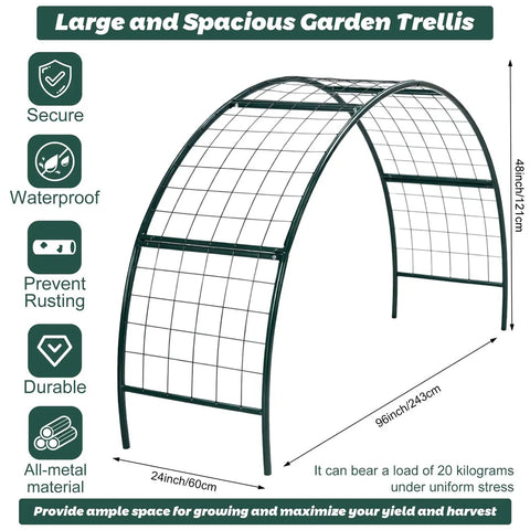 Arch Trellis Kit For Planter Box And Climbing Plants, Wide Metal Arbor For Vegetables And Flowers, Outdoor Garden Decor, No Fuss Assembly With Five Iron Mesh Panels, Green 8 X 2 X 4 Ft.