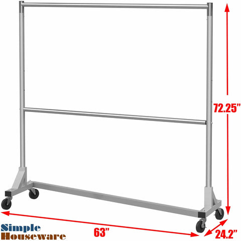 Commercial Grade Double Rod Garment Rack With Z Base, 63 Inch Tall, Holds Up To 600 Lb, Heavy Duty Steel, Silver Finish