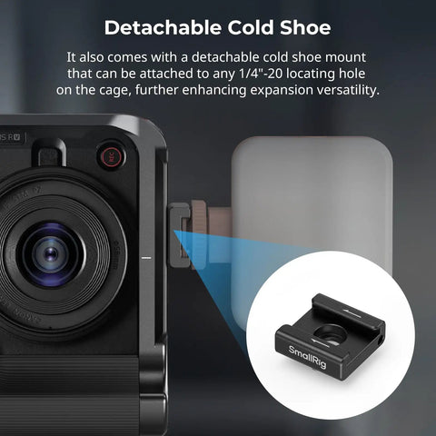 Camera Cage For Canon R50 V With Detachable Cold Shoe and 1/4-20 Mount, featuring Arca Quick Release and Ergonomic Grip