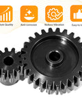 Three-Piece 32P Pinion Gear Set Hardened Steel 3.175mm Shaft 45 Pitch for RC Cars showing two gears with features icons