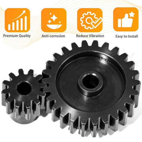 Three-Piece 32P Pinion Gear Set Hardened Steel 3.175mm Shaft 45 Pitch for RC Cars showing two gears with features icons