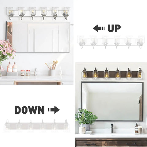 44 Inch Farmhouse Vanity Light Fixture With 6 Lights And Clear Glass Shades In Oil Rubbed Bronze Finish, Up Or Down Mount