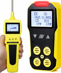 4 Gas Monitor With Pump For Confined Spaces, O2 CO H2S LEL Sensors, USB Rechargeable, hand-held view and close-up display.